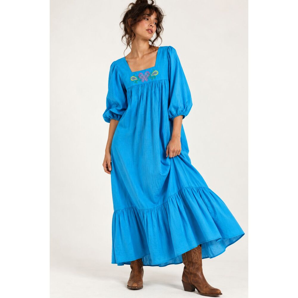 Vintage 70s California Miss Turquoise Embroidered Prairie Maxi Dress Puff Sleeve